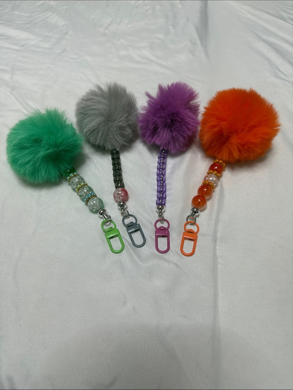 Sets of 4 Pom-Pom Keychain Clip - Green, Gray, Purple, Orange